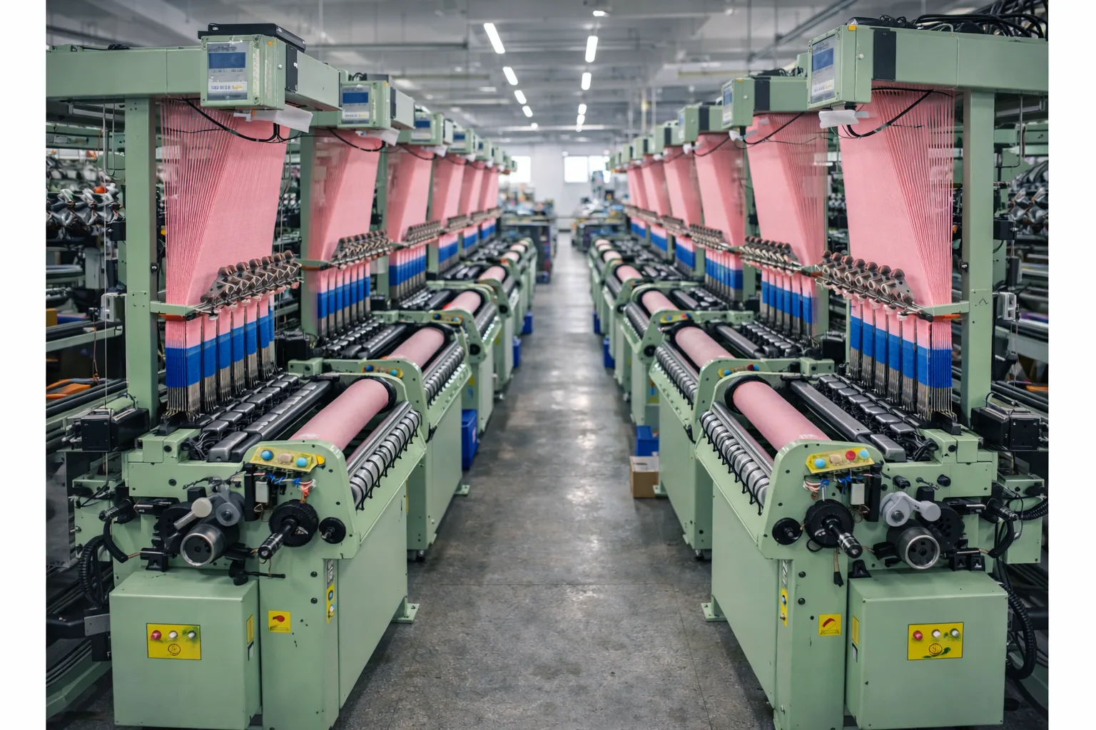 Ribbon weaving factory workshop with textile looms